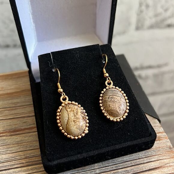 NIB Picture Jasper Stone Bracelet & Earrings Set, Gold - Picture 7 of 8